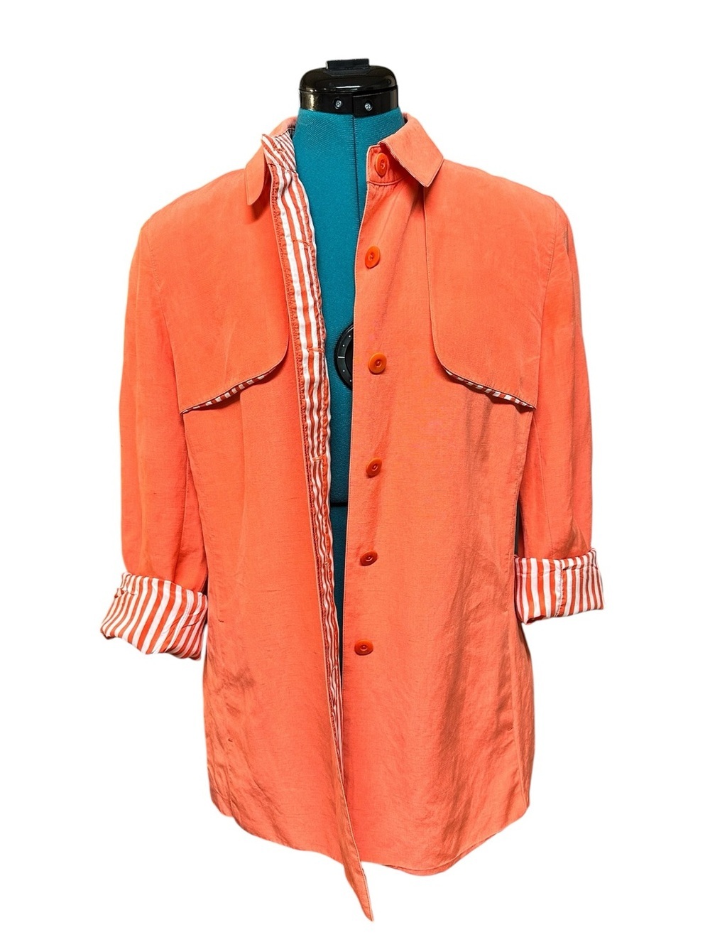 Carlisle Womens Shacket Button Blazer Striped Orange Linen/Silk Size 12
